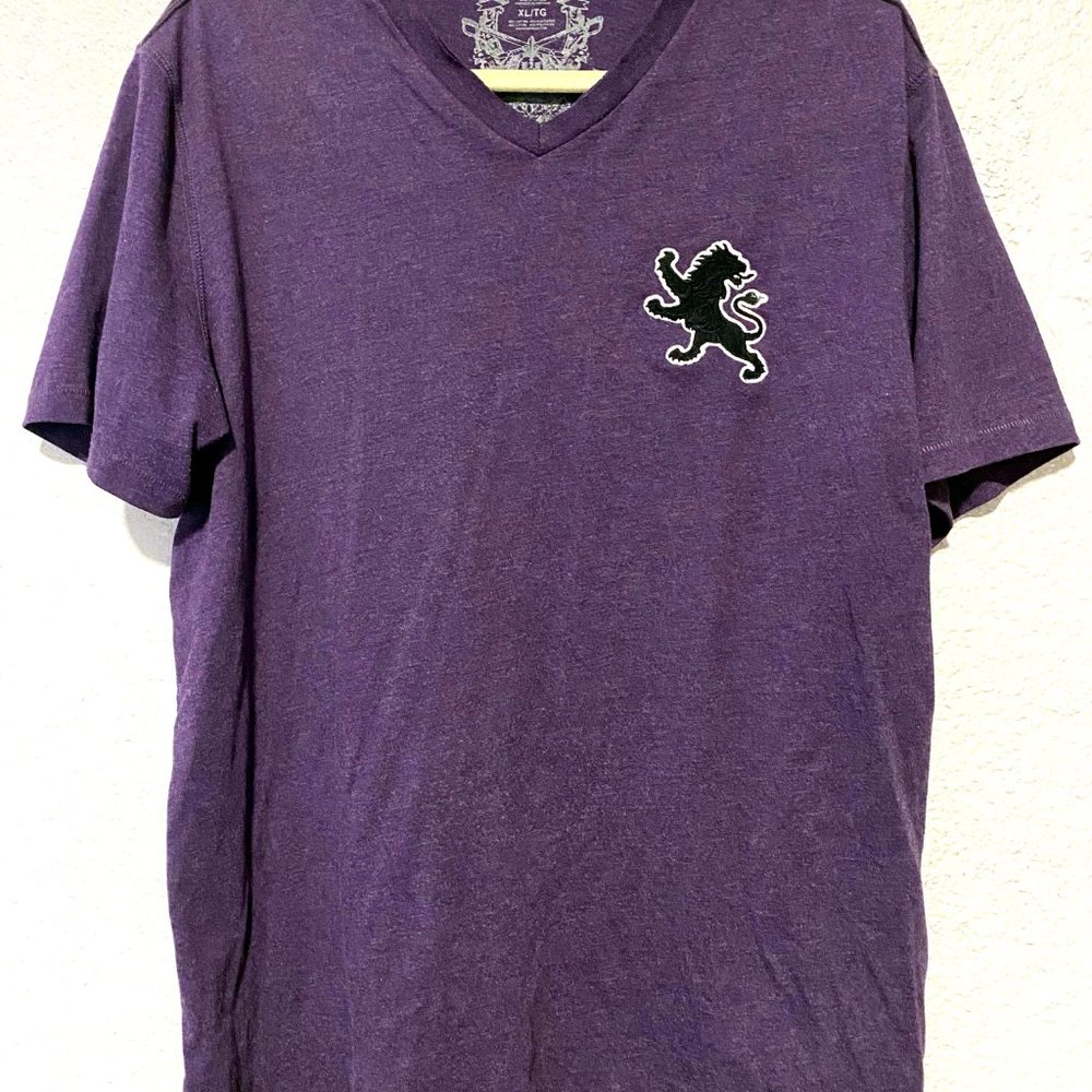 EXPRESS Mens Graphic Short Sleeve Embroidered Lion LOGO T Shirt Purple Size XL